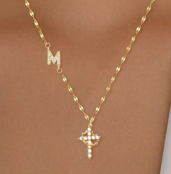 Cross & Crown Initial Necklace Stainless Steel